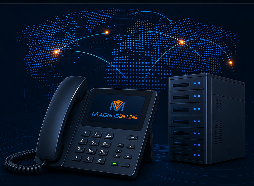 MagnusBilling telecom illustration with VoIP phone and network